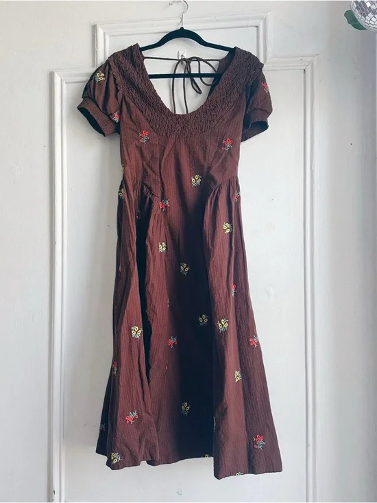 Free People Maisie Midi Brown Floral Embroidered Dress Small Boho Cottage Core - Picture 6 of 11